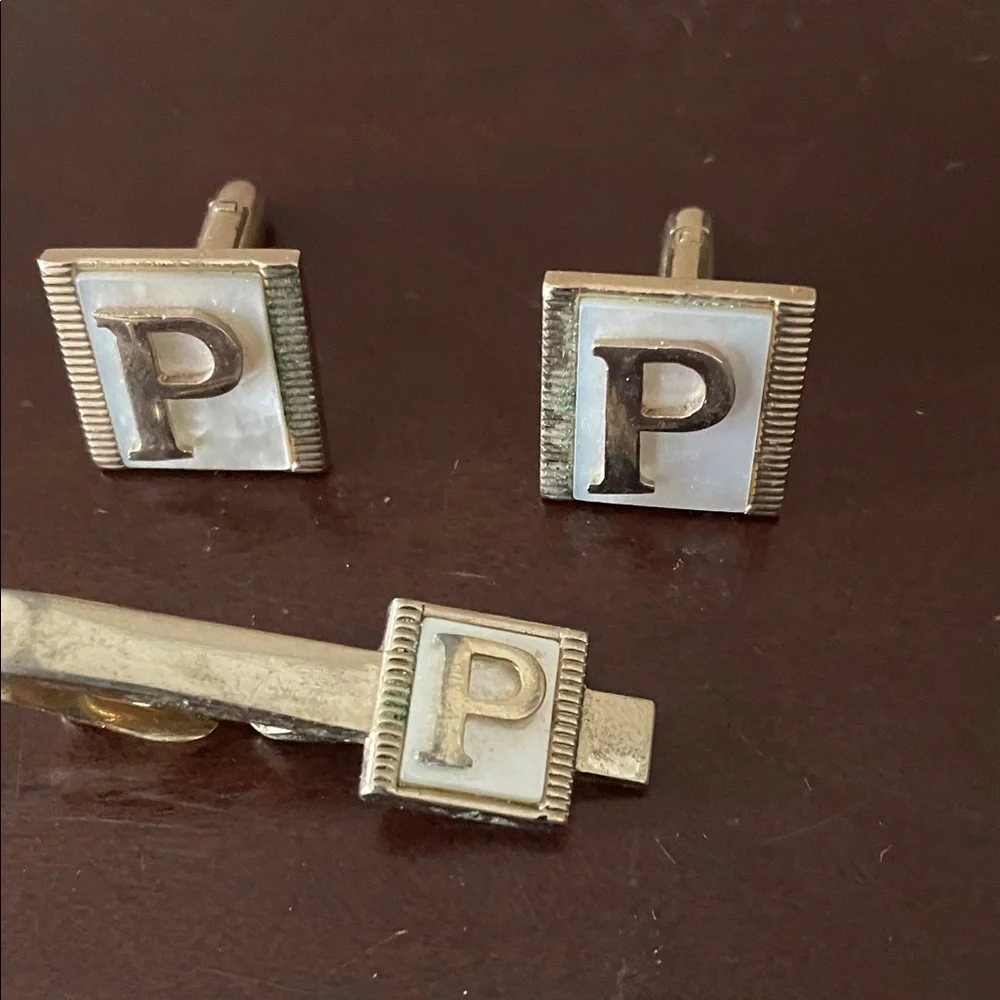 SWANK Silver and White Monogram Cufflinks and Tie Clip
